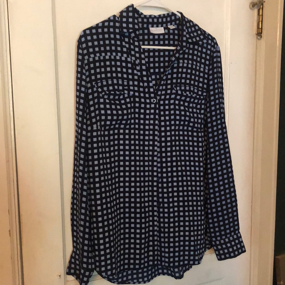 New York & Company Navy and light blue Checkered Blouse